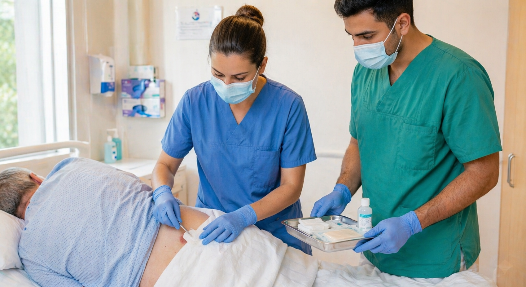 un TCAE y una enfermera en una curacion de una ulcera por presion